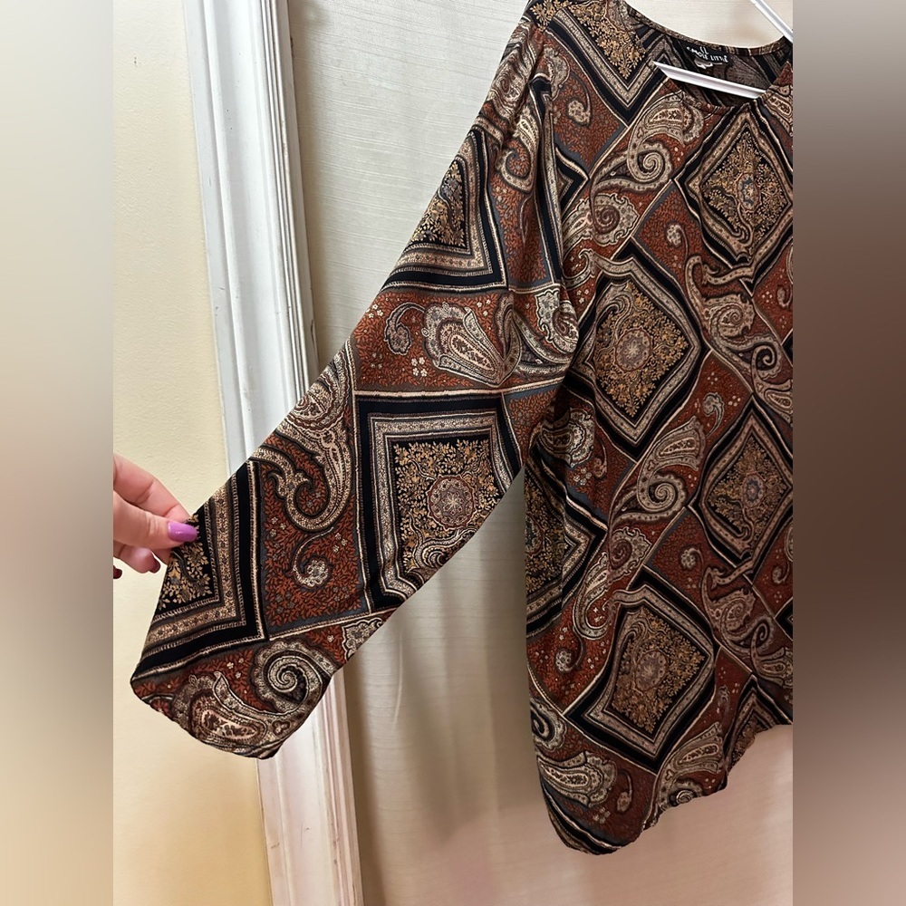 Vintage 90s Carole Little Paisley Rayon Boho Blouse Scarf Print Top Large - Picture 2 of 5